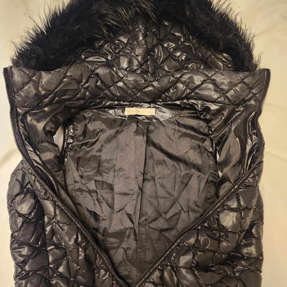 Women's Black Quilted Jacket with Faux Fur Hood